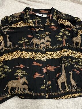 Vintage Black Safari Animal Print Button-Up Blouse halmode plus 22W